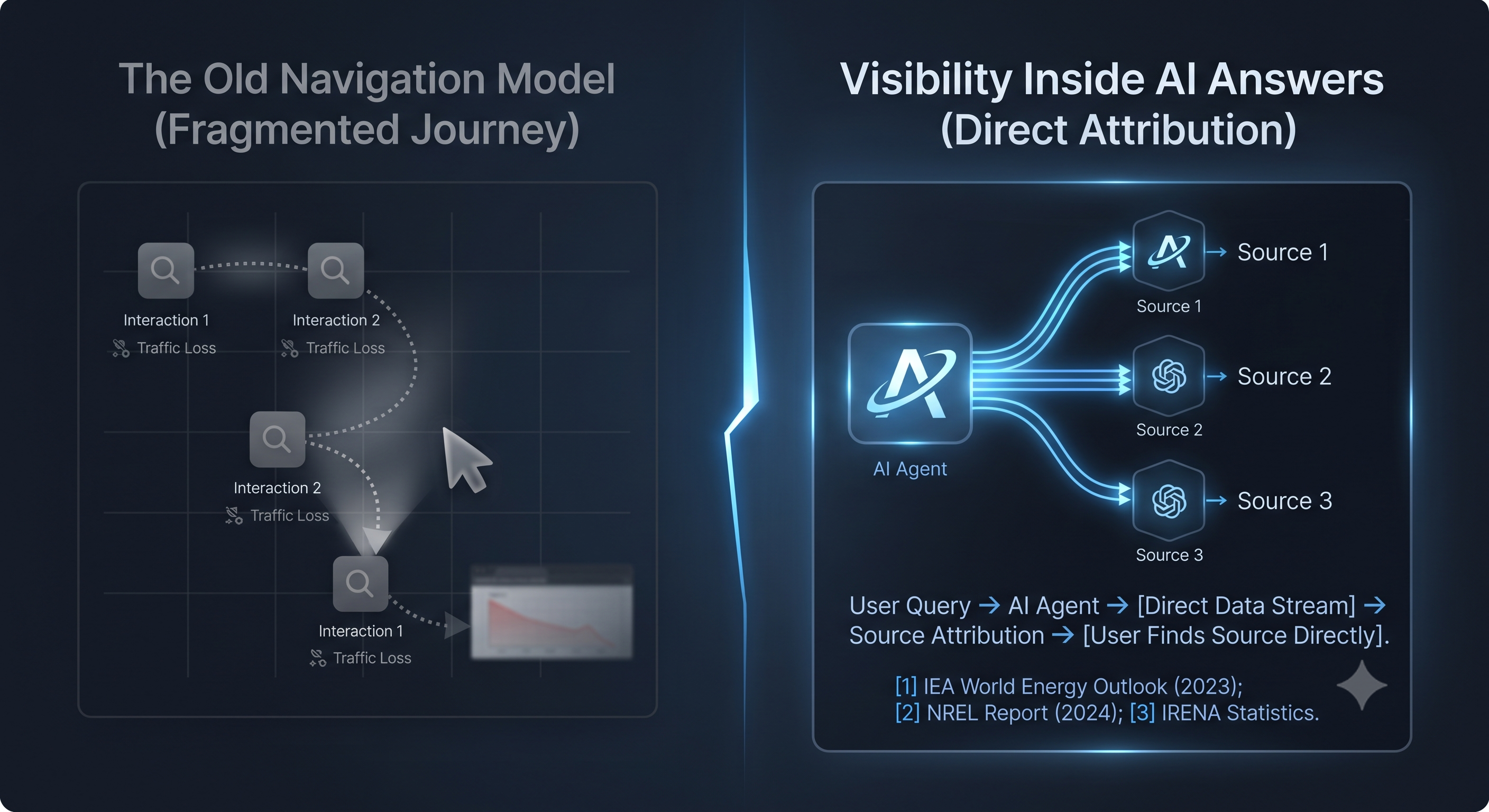 A traditional analytics dashboard showing rankings, sessions, and click-through rates dissolving into a glowing AI-generated answer panel, illustrating the shift from measuring clicks to measuring brand presence within AI answers