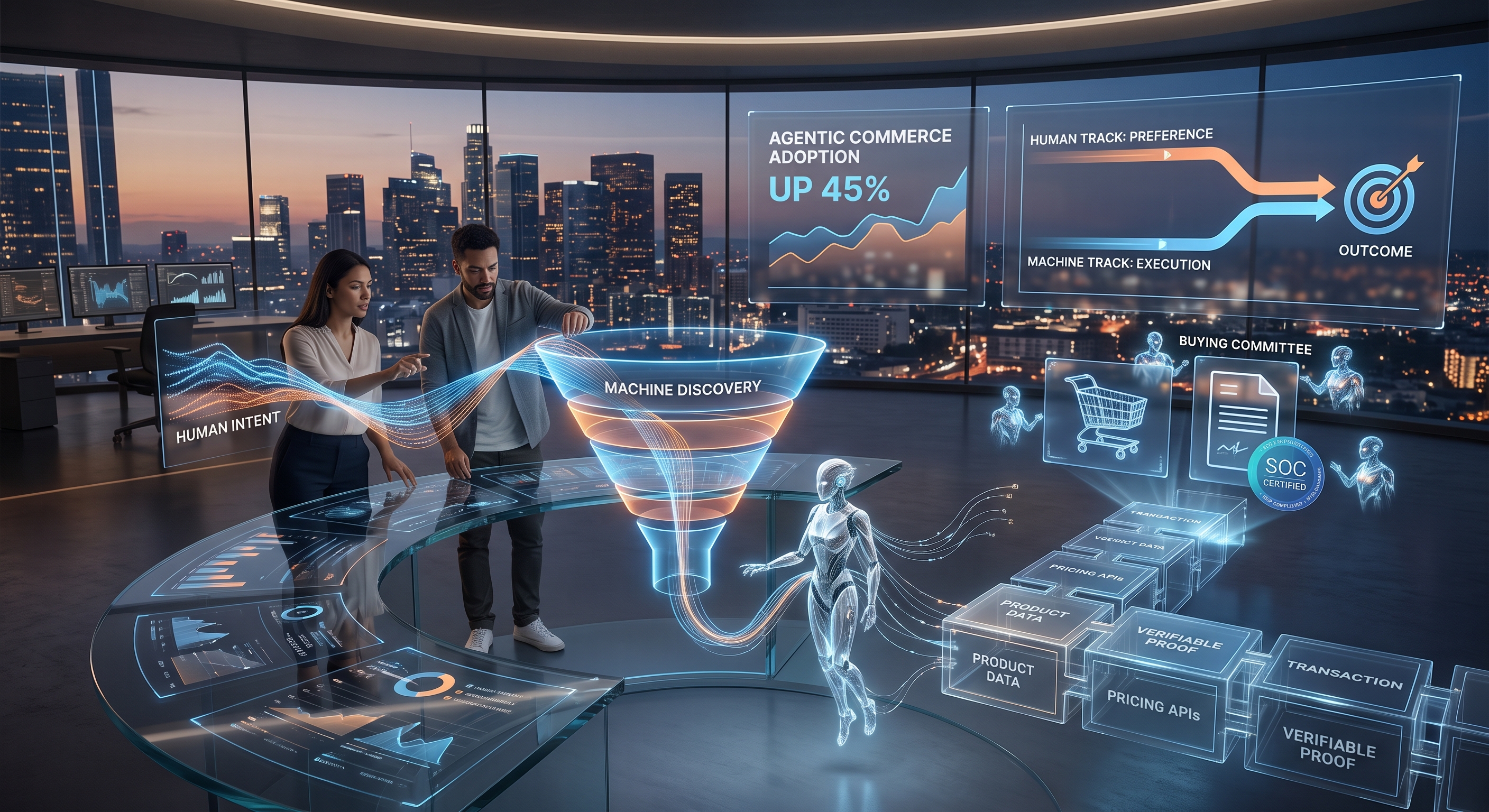 CMO strategy concept showing human brand marketing connected to AI agents, structured data and agentic commerce infrastructure