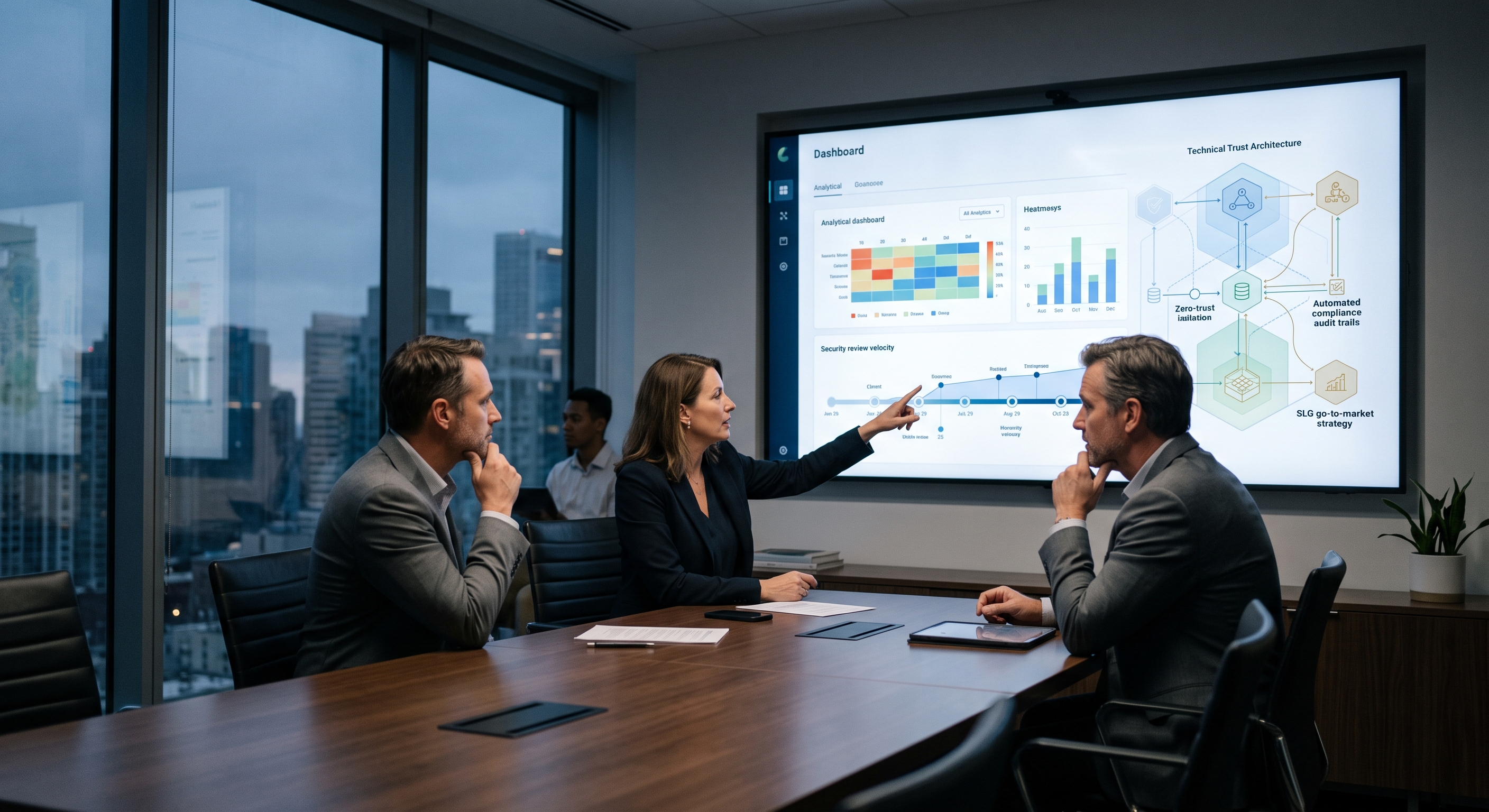 A sophisticated enterprise SaaS buying room: CMO and CRO reviewing a large digital dashboard while a subtle security architecture / trust layer appears behind the product interface.