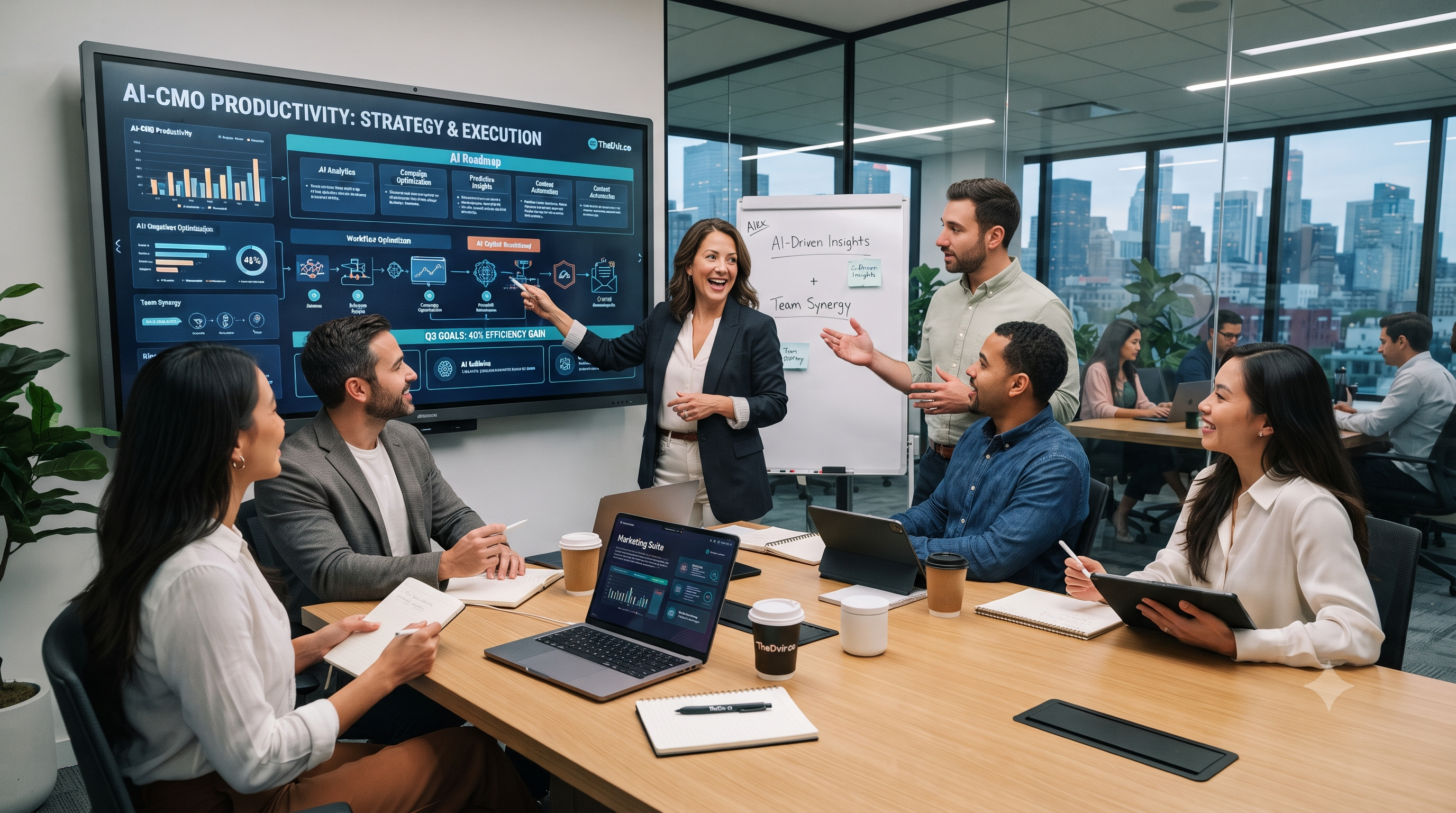 A CMO leading a marketing team brainstorm in a glass-walled conference room, pointing at an AI-CMO productivity dashboard on screen showing an AI roadmap, workflow optimization, and a 40% efficiency gain, while the team takes notes on laptops and tablets