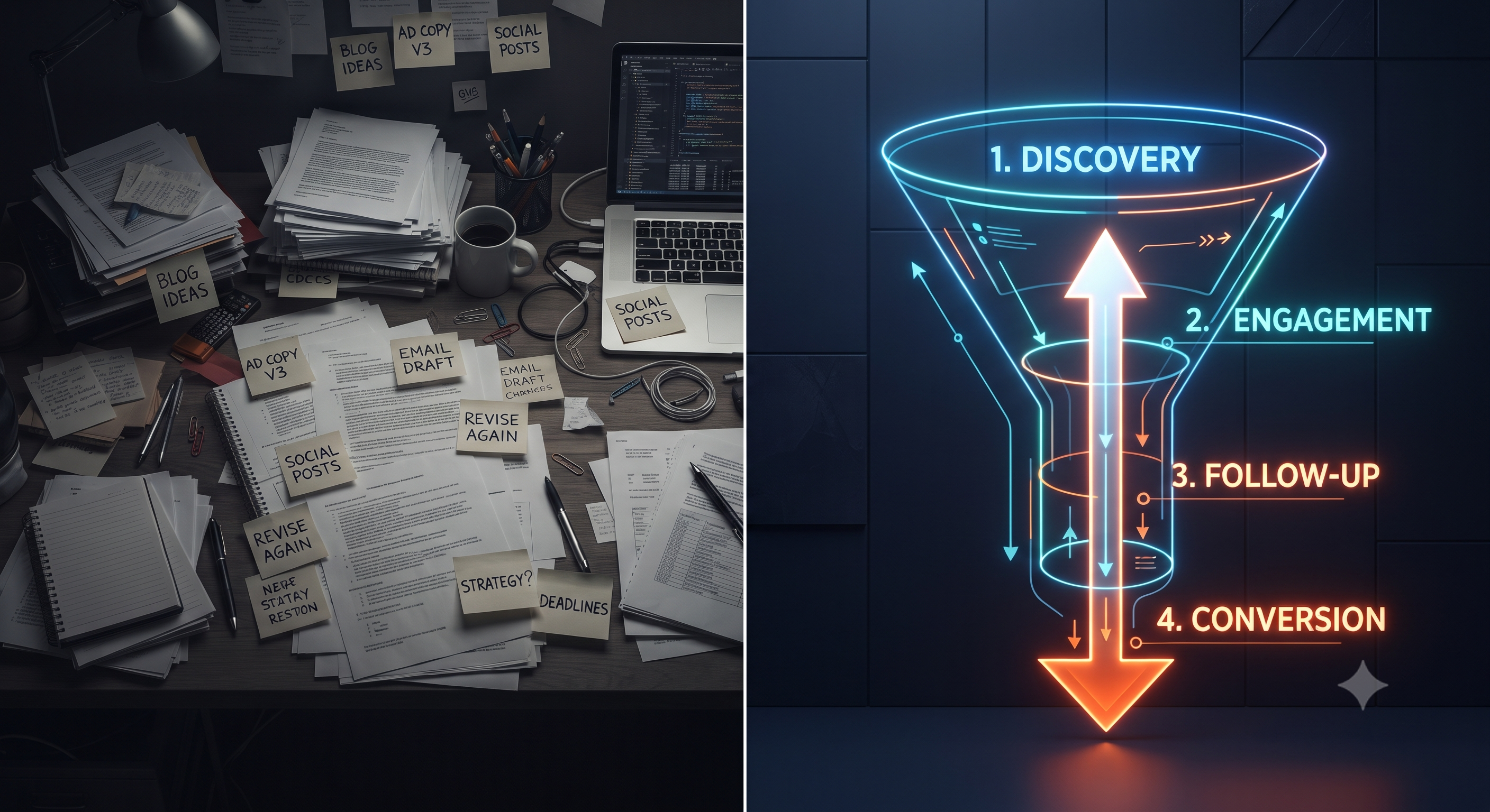Split image: a chaotic desk covered in sticky notes reading blog ideas, ad copy, social posts, and revise again, next to a glowing neon marketing funnel diagram labeled discovery, engagement, follow-up, and conversion